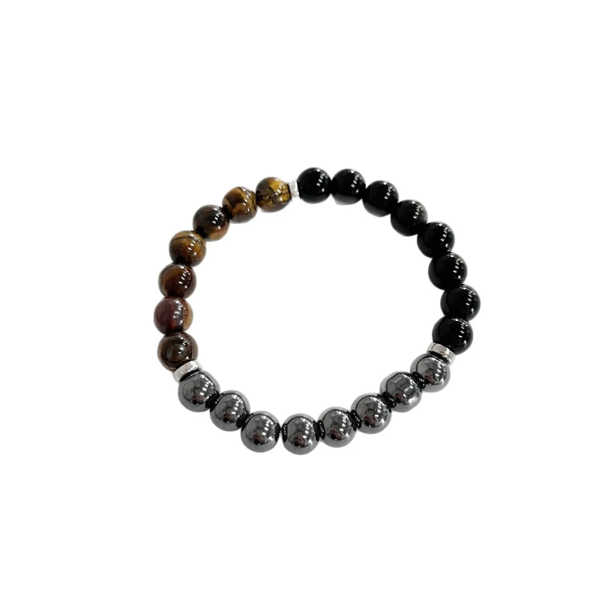 Pulsera de Triple Protección con Ojo de Tigre, Obsidiana Negra y Hematita. Piedras naturales de 8mm, elástica.
