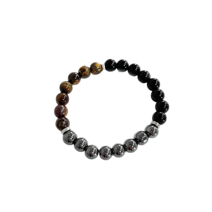 Pulsera de Triple Protección con Ojo de Tigre, Obsidiana Negra y Hematita. Piedras naturales de 8mm, elástica.