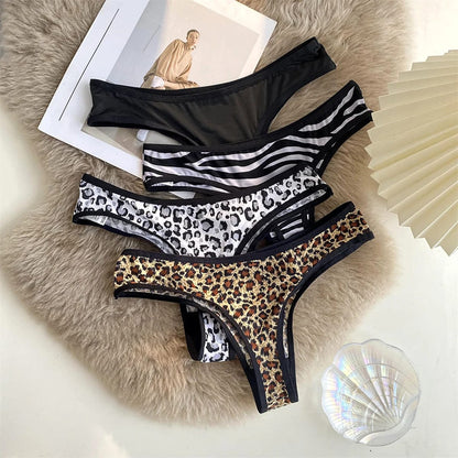 Tanga de mujer sexy con estampado de leopardo, tiro bajo, de seda helada y algodón, sin costuras. Lencería femenina.
