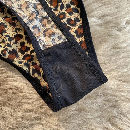 Tanga de mujer sexy con estampado de leopardo, tiro bajo, de seda helada y algodón, sin costuras. Lencería femenina.