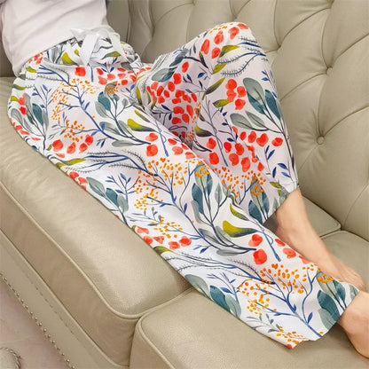 Pantalón de Pijama de Mujer de Algodón y Poliéster, pierna ancha, largo capri, estampado floral. Suelto y fresco para el hogar.