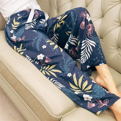 Pantalón de Pijama de Mujer de Algodón y Poliéster, pierna ancha, largo capri, estampado floral. Suelto y fresco para el hogar.