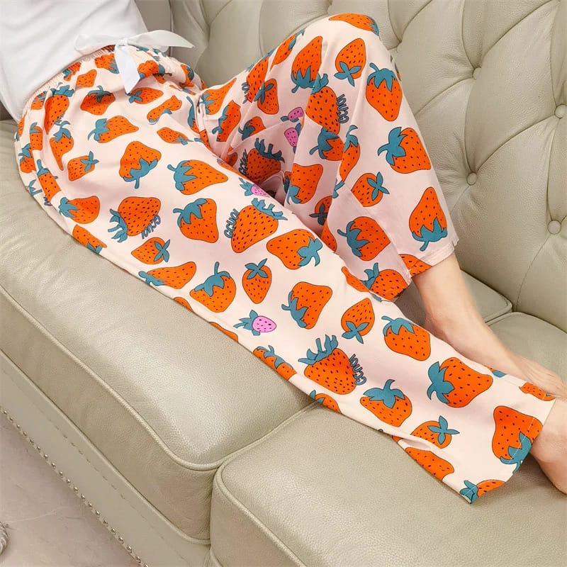 Pantalón de Pijama de Mujer de Algodón y Poliéster, pierna ancha, largo capri, estampado floral. Suelto y fresco para el hogar.