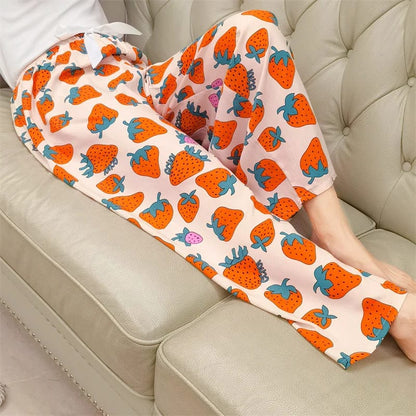 Pantalón de Pijama de Mujer de Algodón y Poliéster, pierna ancha, largo capri, estampado floral. Suelto y fresco para el hogar.