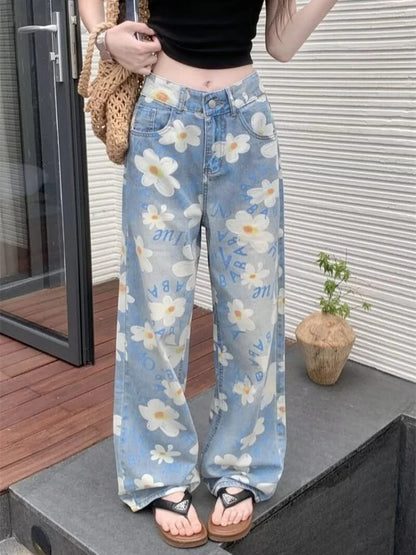 Pantalones Jeans Baggy de Mujer con Estampado Floral Completo, Lavado Azul, Estilo Y2K Kpop Casual Recto