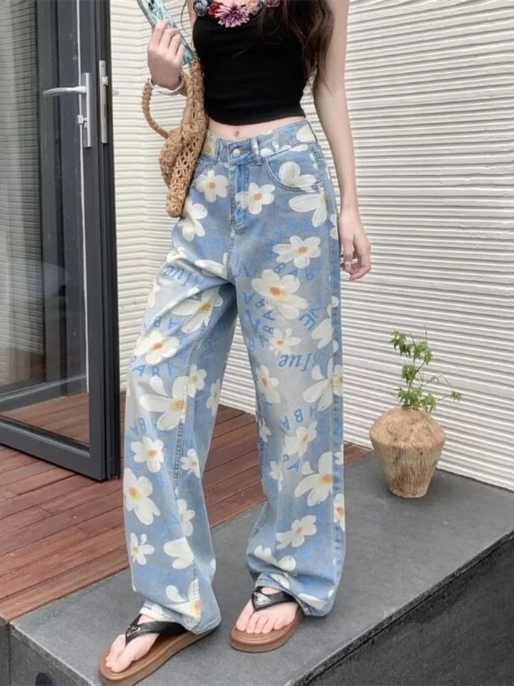 Pantalones Jeans Baggy de Mujer con Estampado Floral Completo, Lavado Azul, Estilo Y2K Kpop Casual Recto