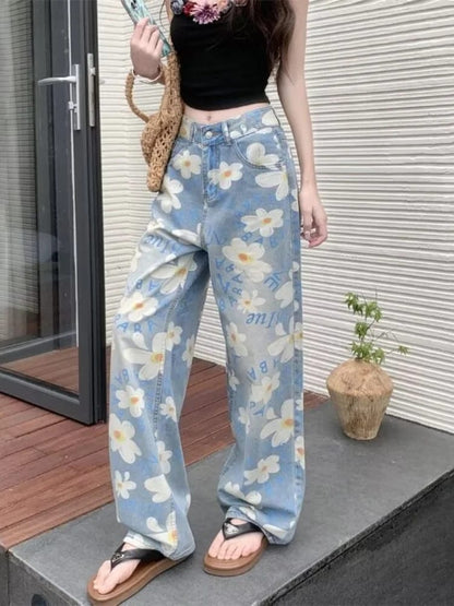 Pantalones Jeans Baggy de Mujer con Estampado Floral Completo, Lavado Azul, Estilo Y2K Kpop Casual Recto