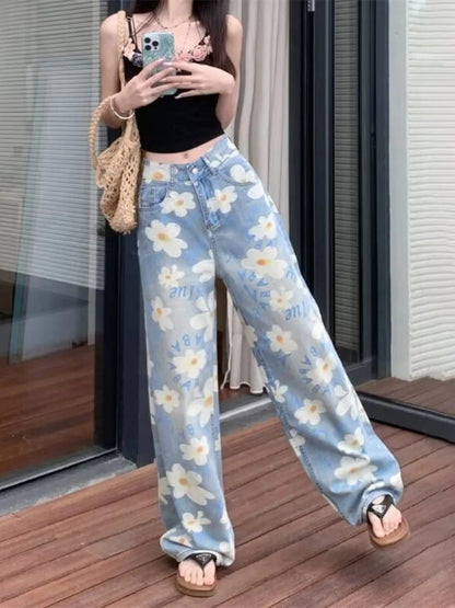 Pantalones Jeans Baggy de Mujer con Estampado Floral Completo, Lavado Azul, Estilo Y2K Kpop Casual Recto