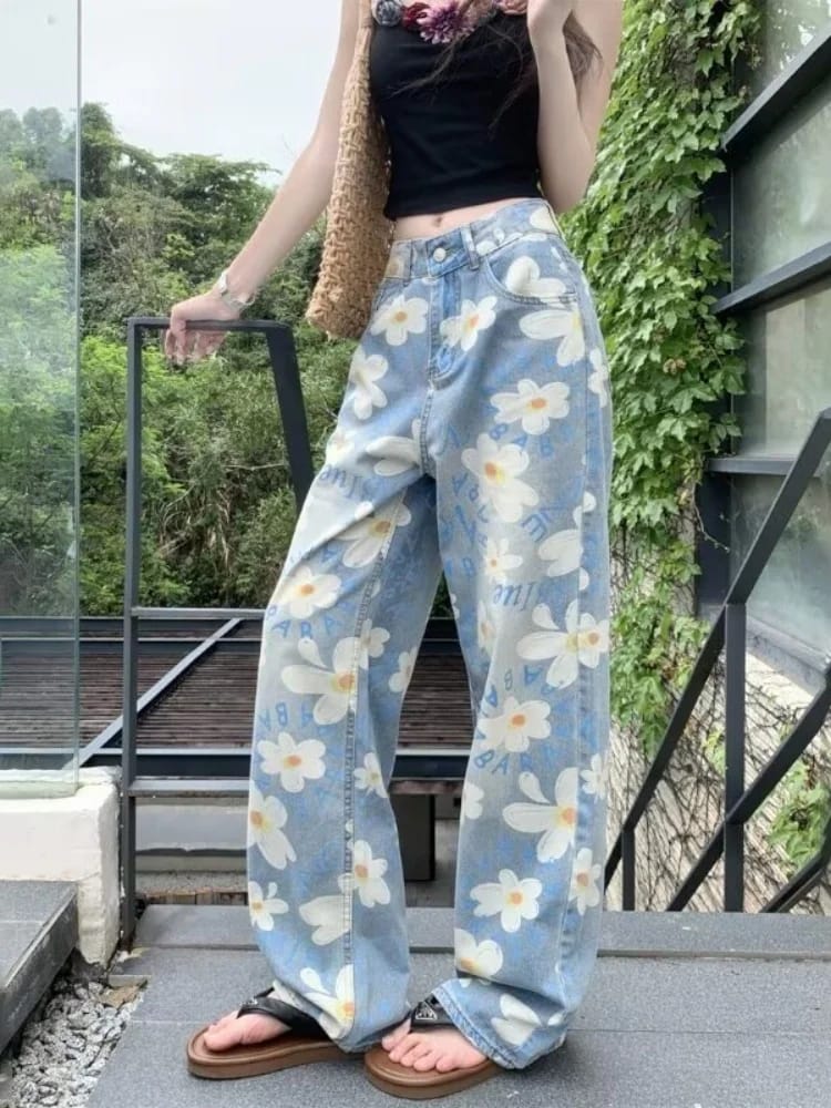 Pantalones Jeans Baggy de Mujer con Estampado Floral Completo, Lavado Azul, Estilo Y2K Kpop Casual Recto