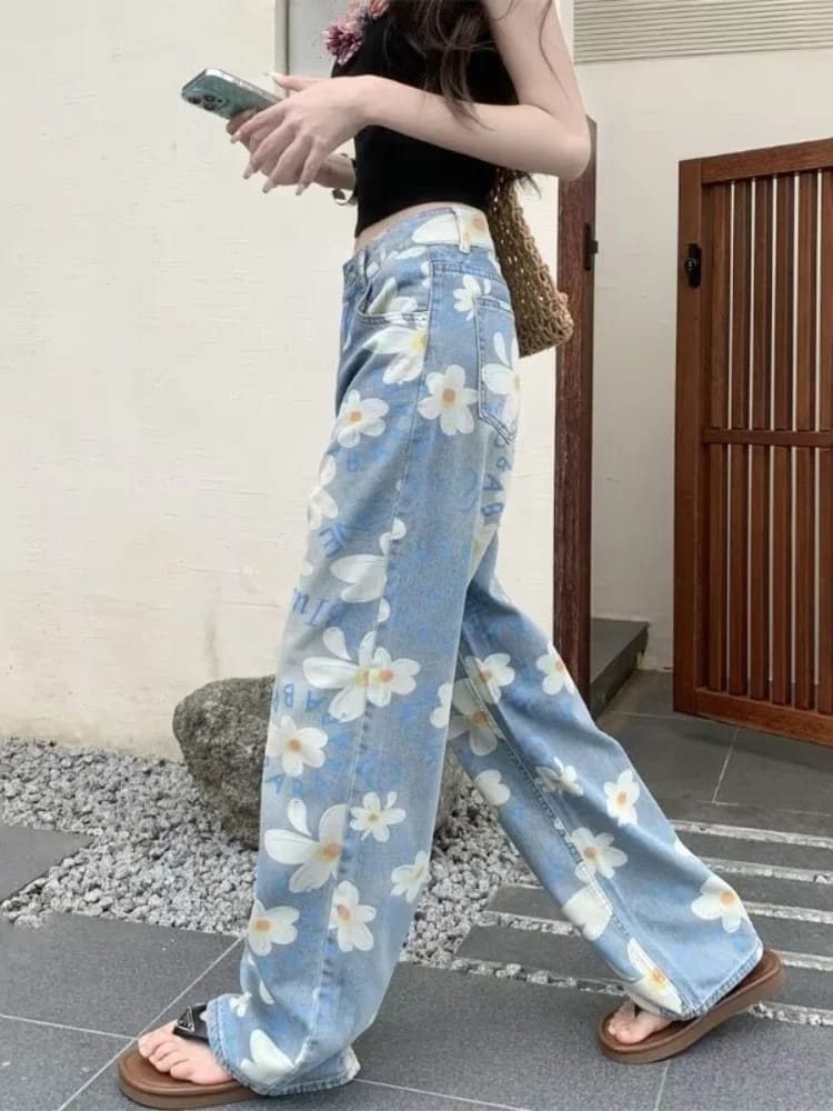 Pantalones Jeans Baggy de Mujer con Estampado Floral Completo, Lavado Azul, Estilo Y2K Kpop Casual Recto