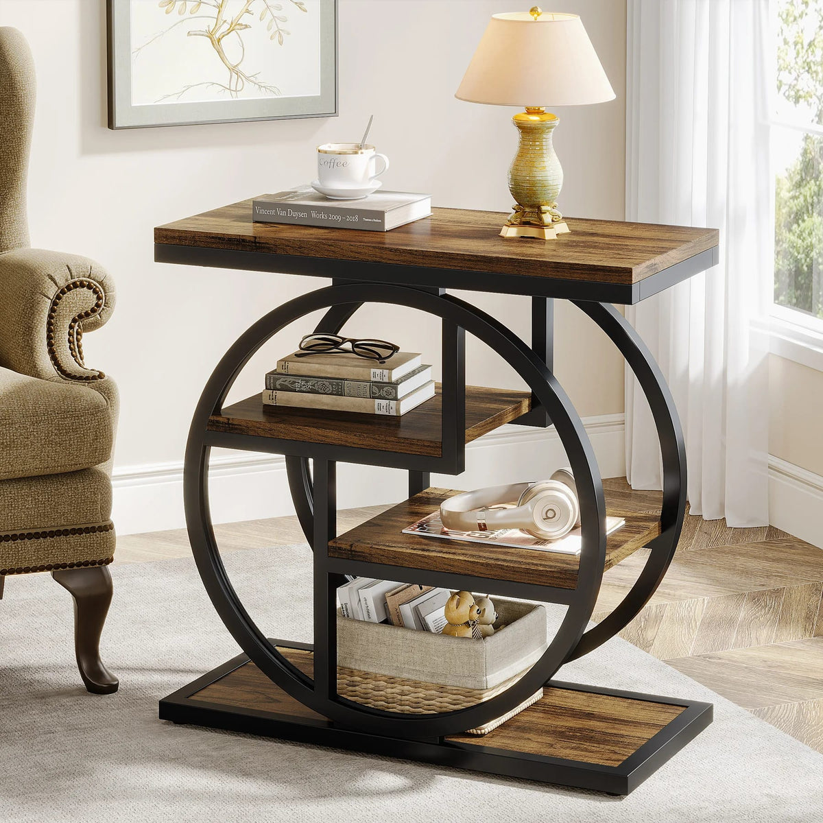 Mesa auxiliar Tribesigns, mesa de arrime angosta de madera con 3 estantes de guardado. Estilo industrial, ideal para sofá o rincón.