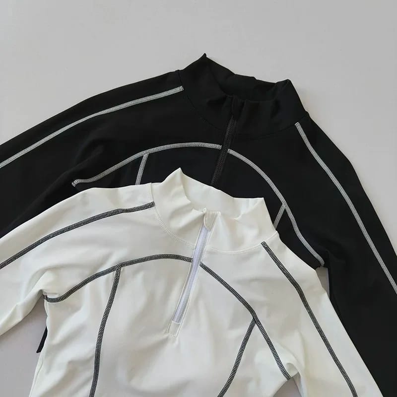 Top Deportivo de Mujer Manga Larga Cuello Alto con Medio Cierre, Ajustado, de Secado Rápido, con Copas Integradas para Fitness, Entrenamiento y Yoga.