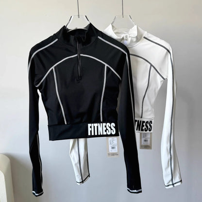 Top Deportivo de Mujer Manga Larga Cuello Alto con Medio Cierre, Ajustado, de Secado Rápido, con Copas Integradas para Fitness, Entrenamiento y Yoga.