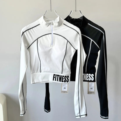 Top Deportivo de Mujer Manga Larga Cuello Alto con Medio Cierre, Ajustado, de Secado Rápido, con Copas Integradas para Fitness, Entrenamiento y Yoga.