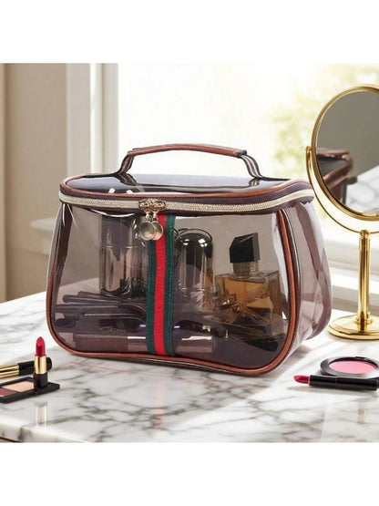 Neceser Organizador Transparente Impermeable Estilo Vintage con Asa Ancha. Gran Capacidad para Cosméticos, Maquillaje y Artículos de Tocador. Bolso de Mano Elegante.