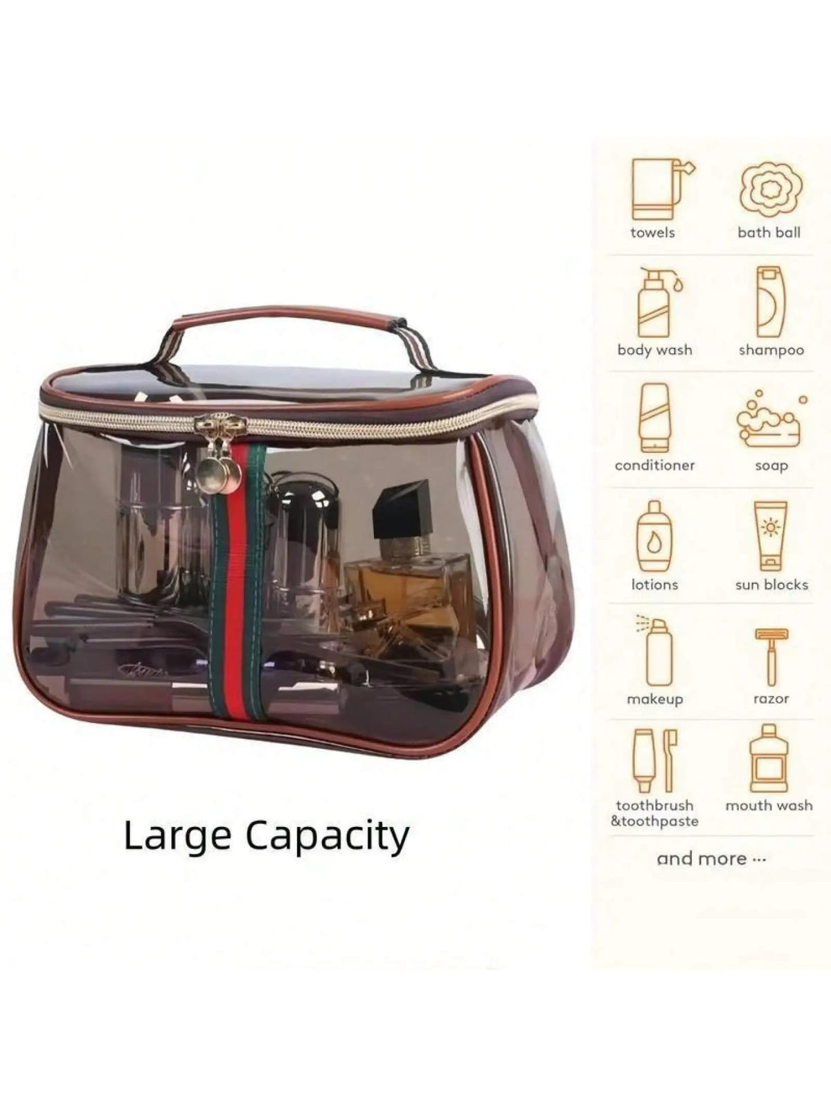 Neceser Organizador Transparente Impermeable Estilo Vintage con Asa Ancha. Gran Capacidad para Cosméticos, Maquillaje y Artículos de Tocador. Bolso de Mano Elegante.