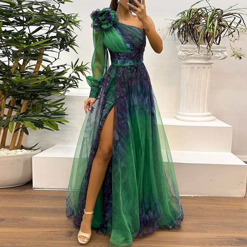 Maxivestido Estampado Vintage de Cintura Alta, Asimétrico con Malla. Elegante para Fiesta, Noche, Un Hombro y Plisado.