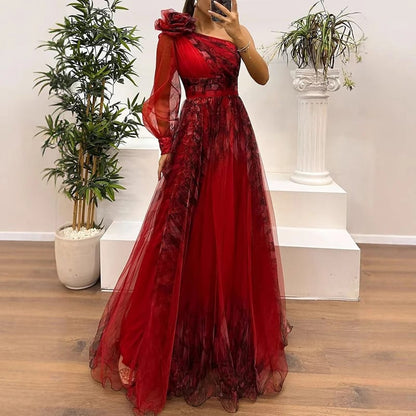 Maxivestido Estampado Vintage de Cintura Alta, Asimétrico con Malla. Elegante para Fiesta, Noche, Un Hombro y Plisado.