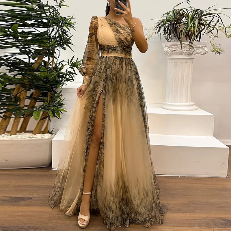 Maxivestido Estampado Vintage de Cintura Alta, Asimétrico con Malla. Elegante para Fiesta, Noche, Un Hombro y Plisado.