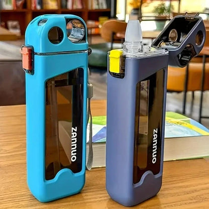 Botella de Agua Deportiva Plástica de 350ml, Antiderrames Cuadrada, con Tapa Bloqueable y Medidas para Viajes y Deportes al Aire Libre.