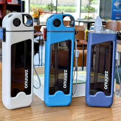 Botella de Agua Deportiva Plástica de 350ml, Antiderrames Cuadrada, con Tapa Bloqueable y Medidas para Viajes y Deportes al Aire Libre.