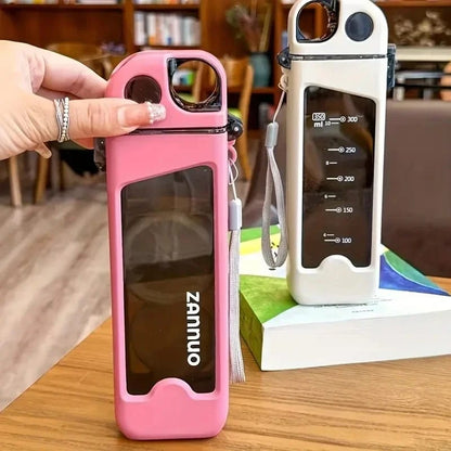 Botella de Agua Deportiva Plástica de 350ml, Antiderrames Cuadrada, con Tapa Bloqueable y Medidas para Viajes y Deportes al Aire Libre.