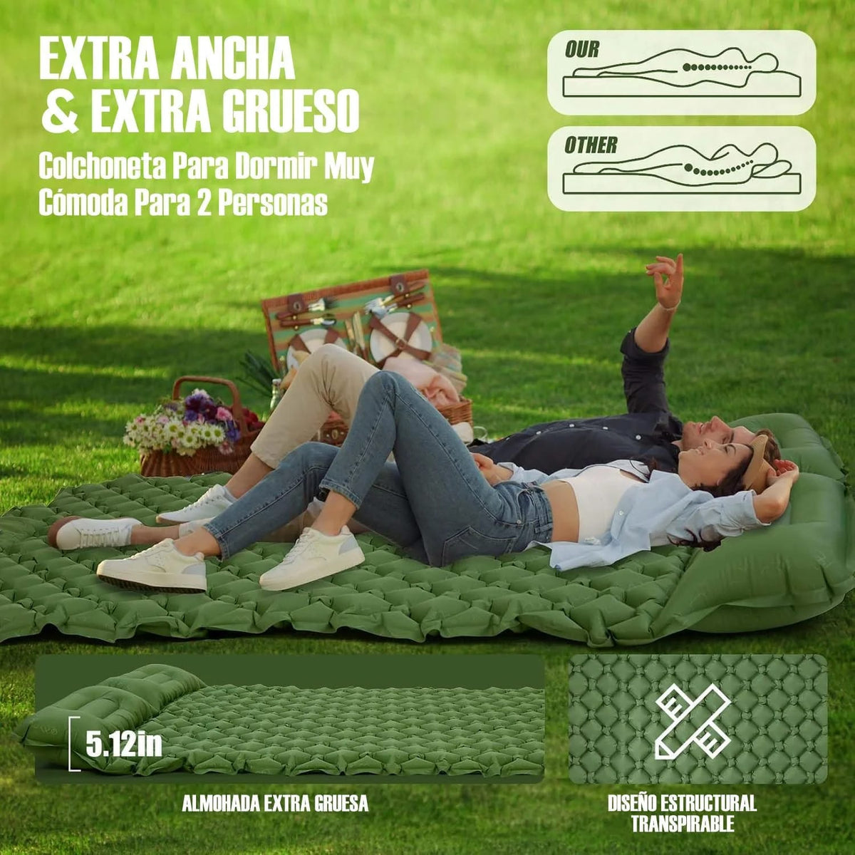 Colchoneta Inflable Doble Extra Ancha Ultraliviana. Ideal para Camping, Viajes, Aire Libre o Auto.