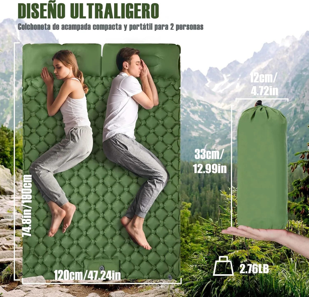 Colchoneta Inflable Doble Extra Ancha Ultraliviana. Ideal para Camping, Viajes, Aire Libre o Auto.