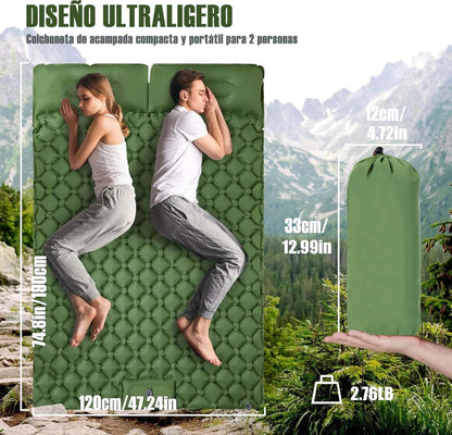 Colchoneta Inflable Doble Extra Ancha Ultraliviana. Ideal para Camping, Viajes, Aire Libre o Auto.