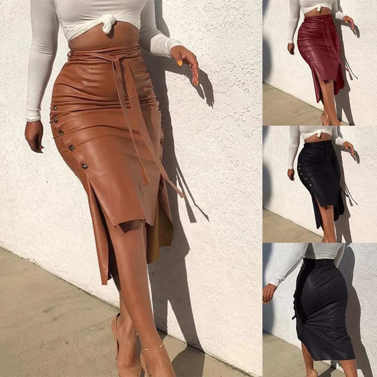Falda midi de cuero sintético para mujer, tiro alto, ajustada, con botones, tajo y cinturón.