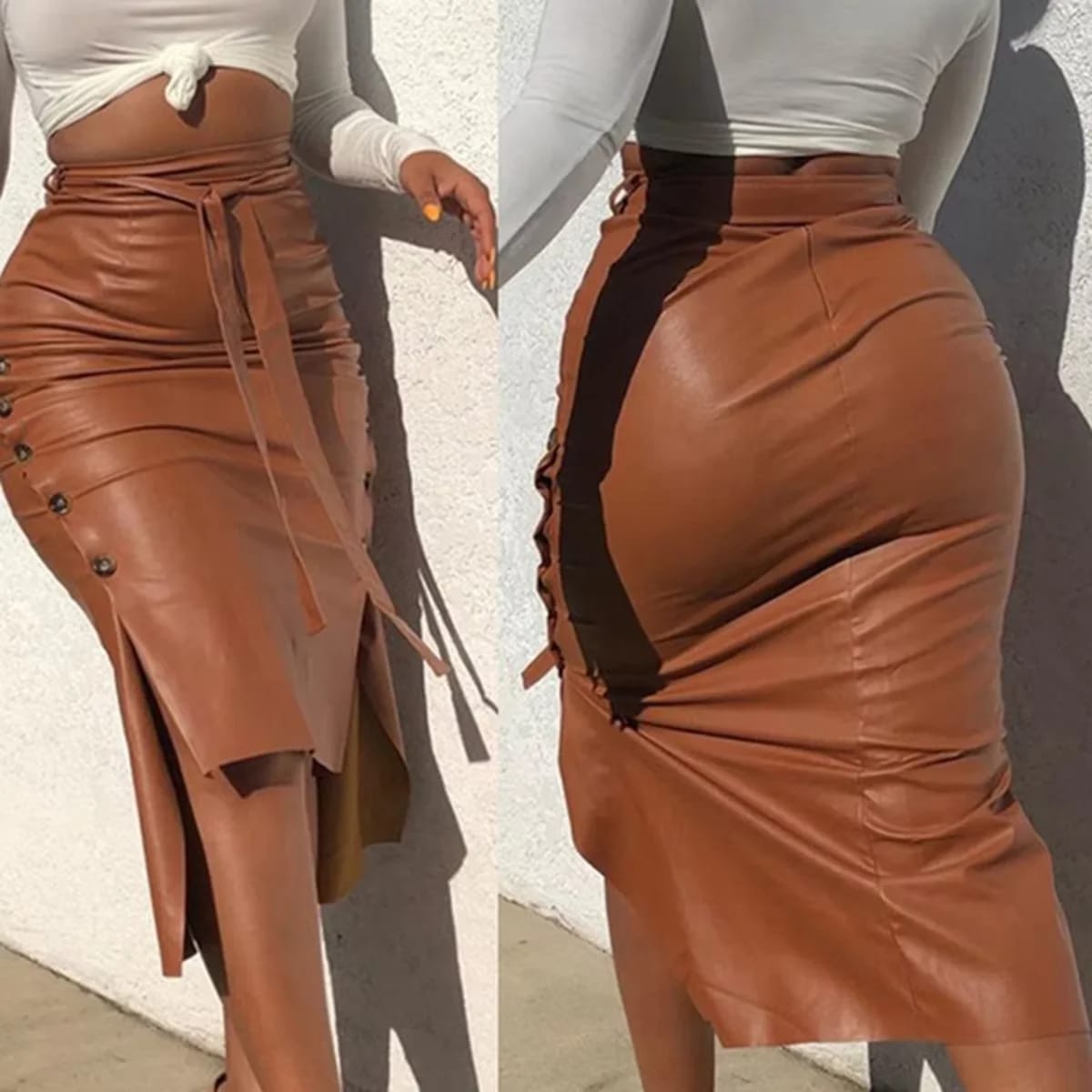 Falda midi de cuero sintético para mujer, tiro alto, ajustada, con botones, tajo y cinturón.