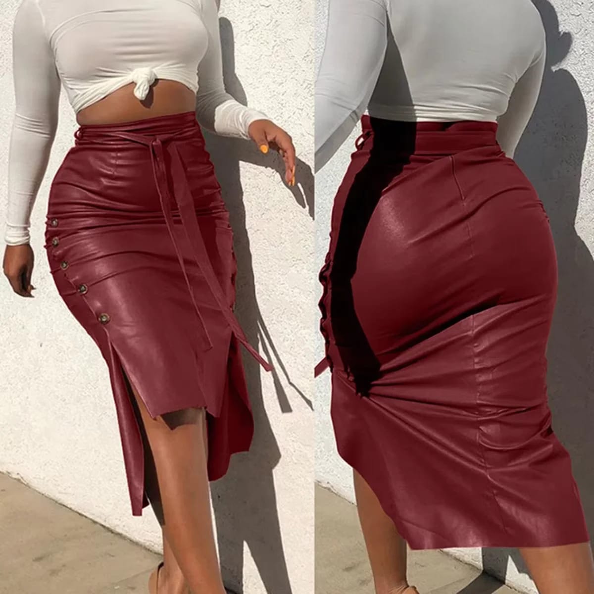 Falda midi de cuero sintético para mujer, tiro alto, ajustada, con botones, tajo y cinturón.
