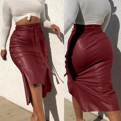 Falda midi de cuero sintético para mujer, tiro alto, ajustada, con botones, tajo y cinturón.