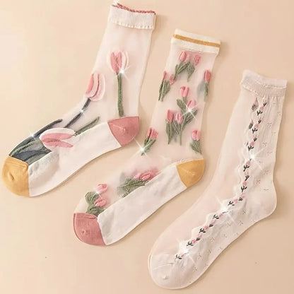 3 Pares de Medias Largas Transparentes de Mujer con Flores de Tulipán. Cómodas, Suaves y Transpirables.