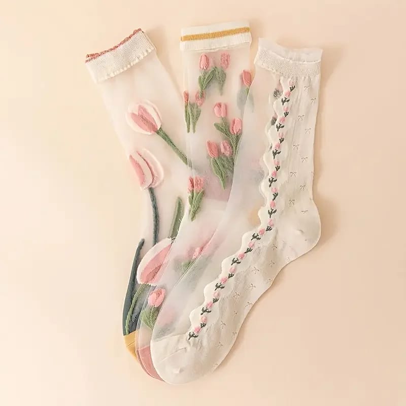 3 Pares de Medias Largas Transparentes de Mujer con Flores de Tulipán. Cómodas, Suaves y Transpirables.