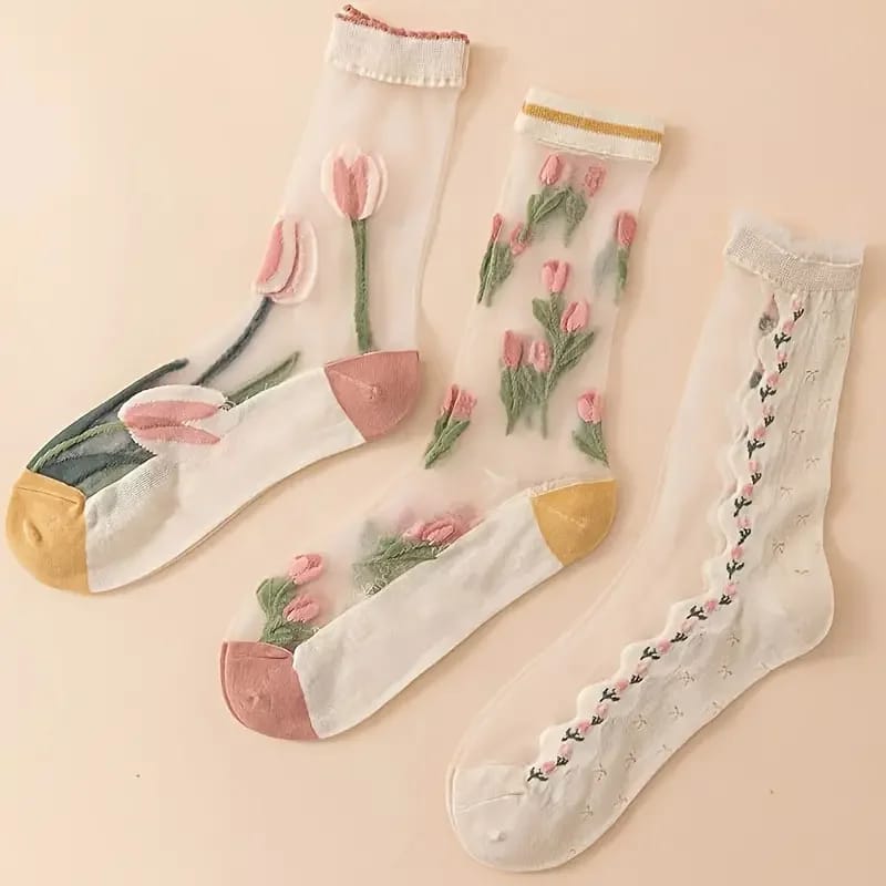 3 Pares de Medias Largas Transparentes de Mujer con Flores de Tulipán. Cómodas, Suaves y Transpirables.