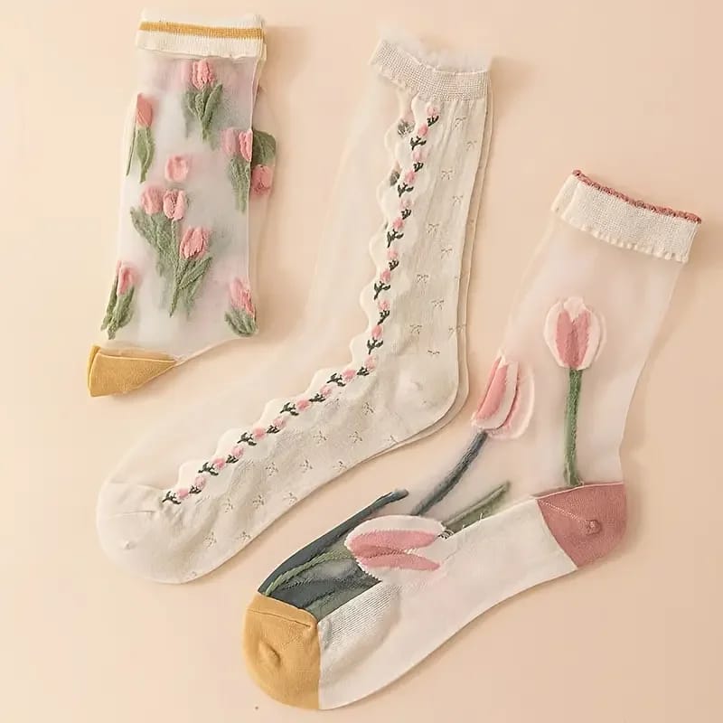 3 Pares de Medias Largas Transparentes de Mujer con Flores de Tulipán. Cómodas, Suaves y Transpirables.