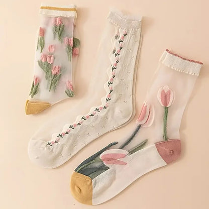 3 Pares de Medias Largas Transparentes de Mujer con Flores de Tulipán. Cómodas, Suaves y Transpirables.