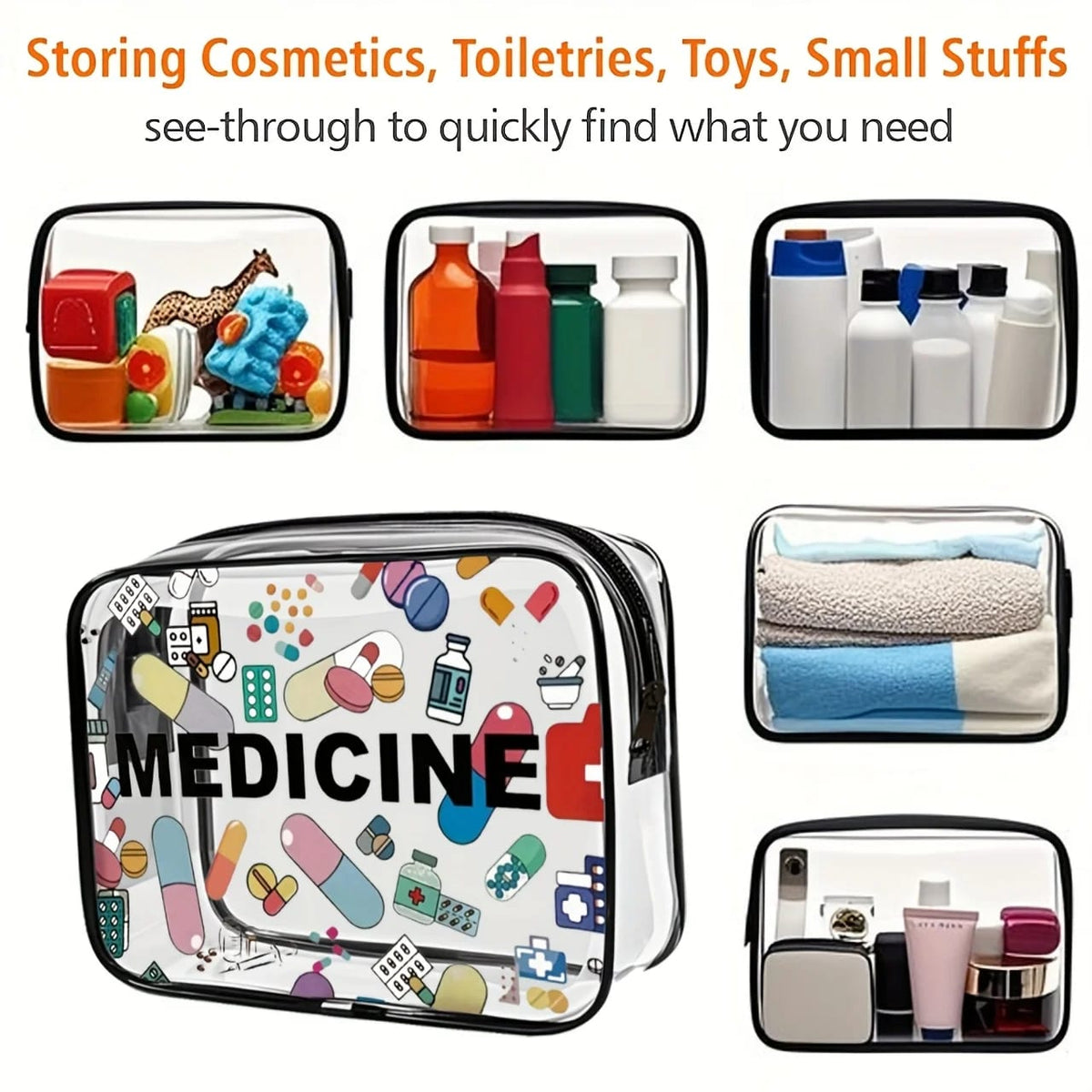 Bolso organizador de viaje para cosméticos y medicamentos, para mujer, gran capacidad. Transparente, fácil de limpiar, ideal para uso diario y viajes.