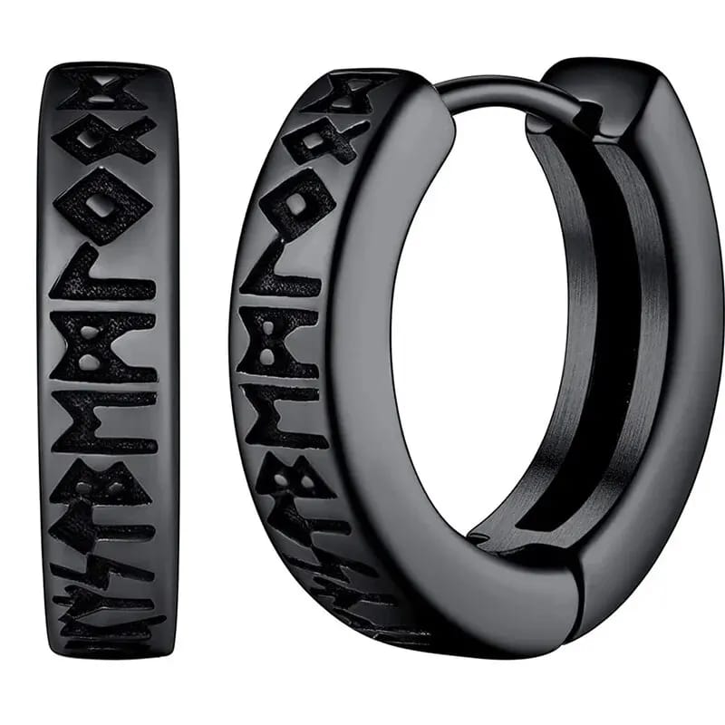 Aros de Acero Inoxidable Vikingos con Runas Nórdicas para Hombre y Mujer Unisex. Aretes tipo Huggie de 12mm. Joyería de estilo nórdico.