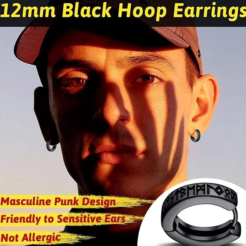 Aros de Acero Inoxidable Vikingos con Runas Nórdicas para Hombre y Mujer Unisex. Aretes tipo Huggie de 12mm. Joyería de estilo nórdico.