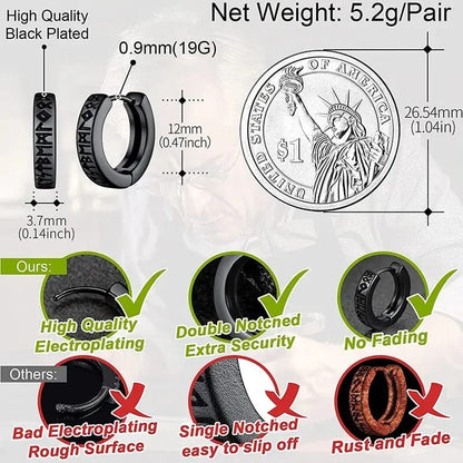 Aros de Acero Inoxidable Vikingos con Runas Nórdicas para Hombre y Mujer Unisex. Aretes tipo Huggie de 12mm. Joyería de estilo nórdico.