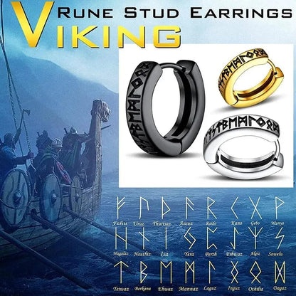 Aros de Acero Inoxidable Vikingos con Runas Nórdicas para Hombre y Mujer Unisex. Aretes tipo Huggie de 12mm. Joyería de estilo nórdico.