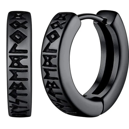 Aros de Acero Inoxidable Vikingos con Runas Nórdicas para Hombre y Mujer Unisex. Aretes tipo Huggie de 12mm. Joyería de estilo nórdico.