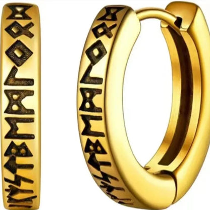 Aros de Acero Inoxidable Vikingos con Runas Nórdicas para Hombre y Mujer Unisex. Aretes tipo Huggie de 12mm. Joyería de estilo nórdico. - SD