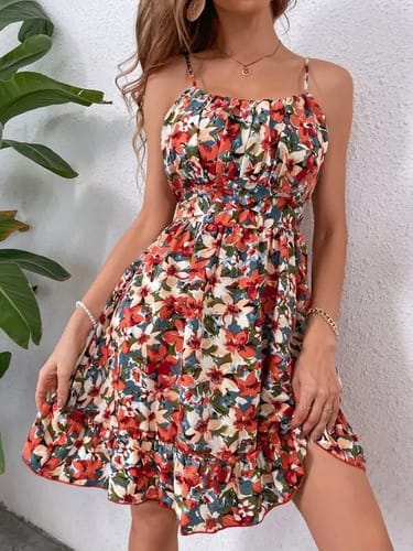 Vestido solera suelta escote ajustable floreado