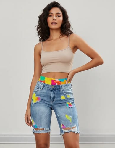 Calza dama corta de jean con bordes y detalle 