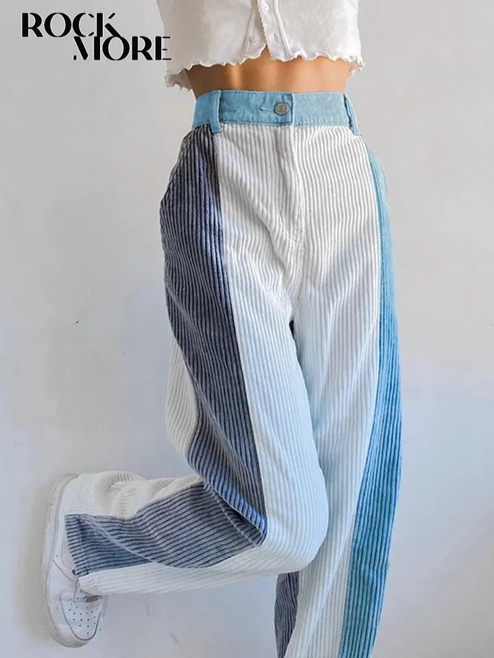 Pantalon dama pana Blanco linea Celeste y Gris