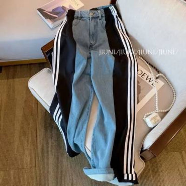 Pantalon dama jean y deportivo trap rayas negras