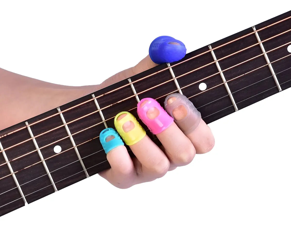 5 Protectores de dedos de silicona antideslizantes de colores para guitarra, bajo, ukelele, kalimba. Ideal para principiantes.